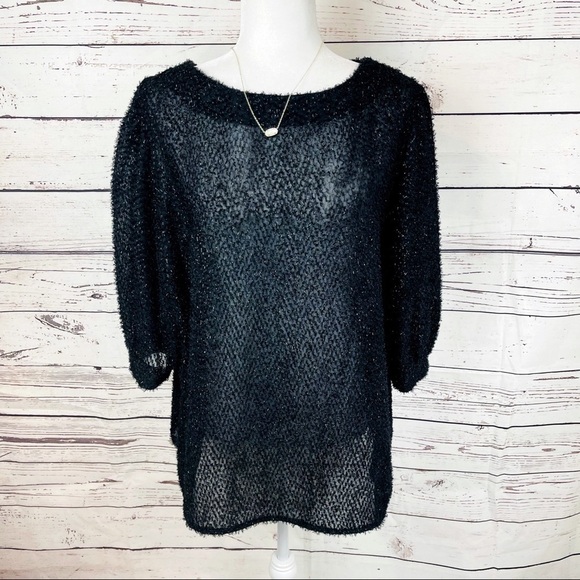 Soho New York Black Sheer Eyelash 3/4 Sleeve Top - Picture 1 of 8